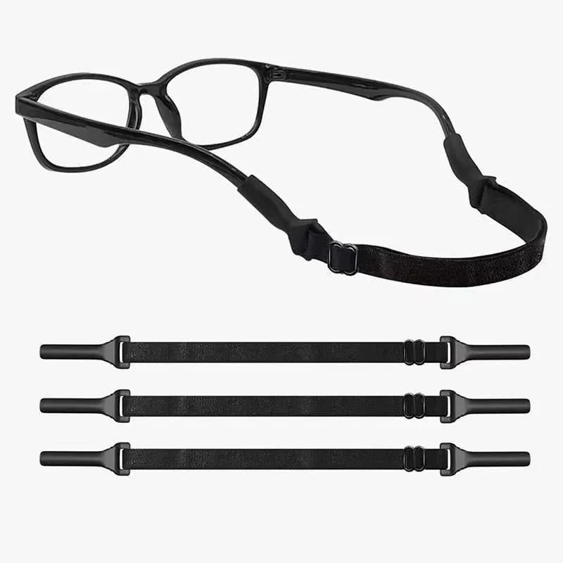 Black adjustable glasses strap with silicone earpiece ends for adult and children's eyewear security