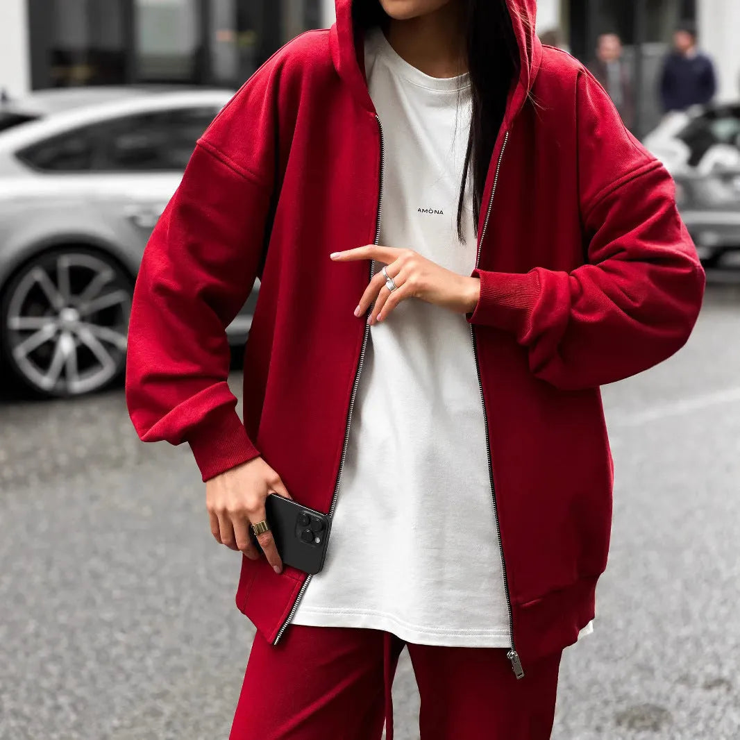 Women's loose-fit grey polyester coat and trousers two-piece set, street style.