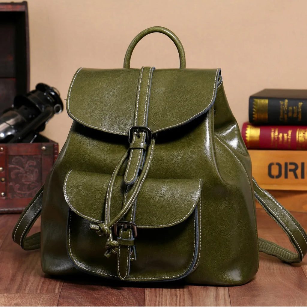Korean style genuine cowhide leather backpack with pull-belt and sandwich pocket, 28x30x12cm, black