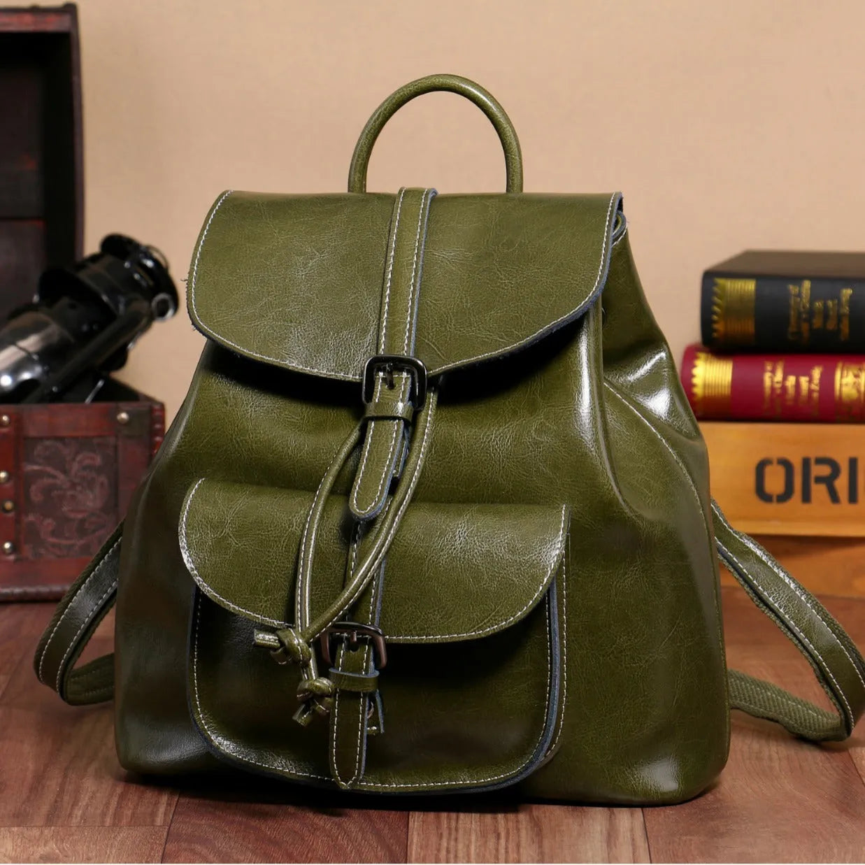 Korean style genuine cowhide leather backpack with pull-belt and sandwich pocket, 28x30x12cm, black
