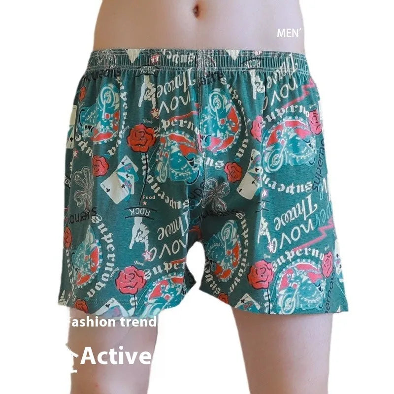 Cotton printed men's home loose casual boxer shorts in gray, knitted fabric, mid-waist, breathable