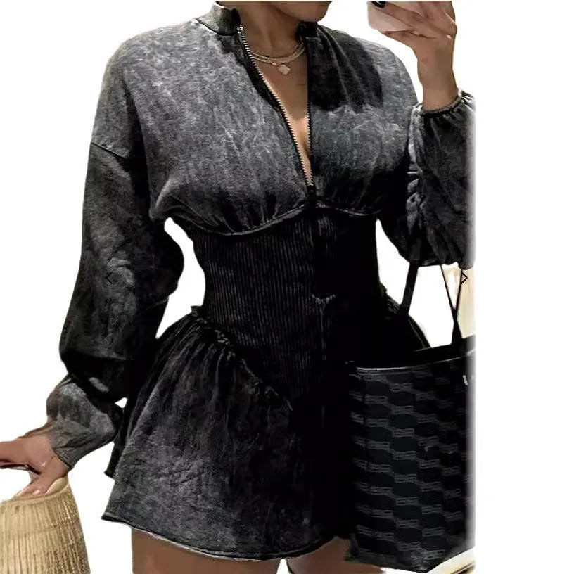 Gray slim-fit A-line dress with drawstring waist and long sleeves