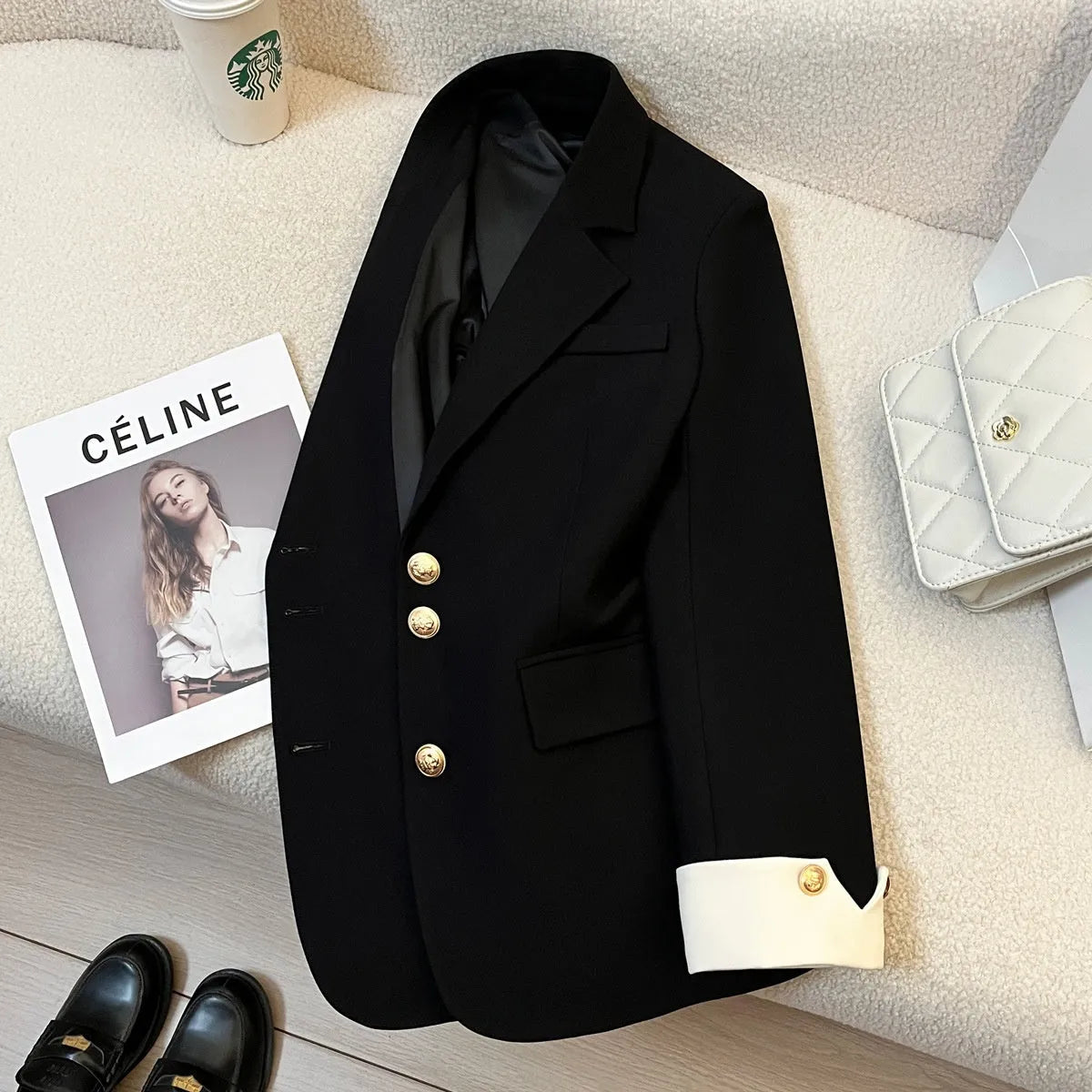 Women's Korean-style medium-length loose coat with pockets in polyester fabric