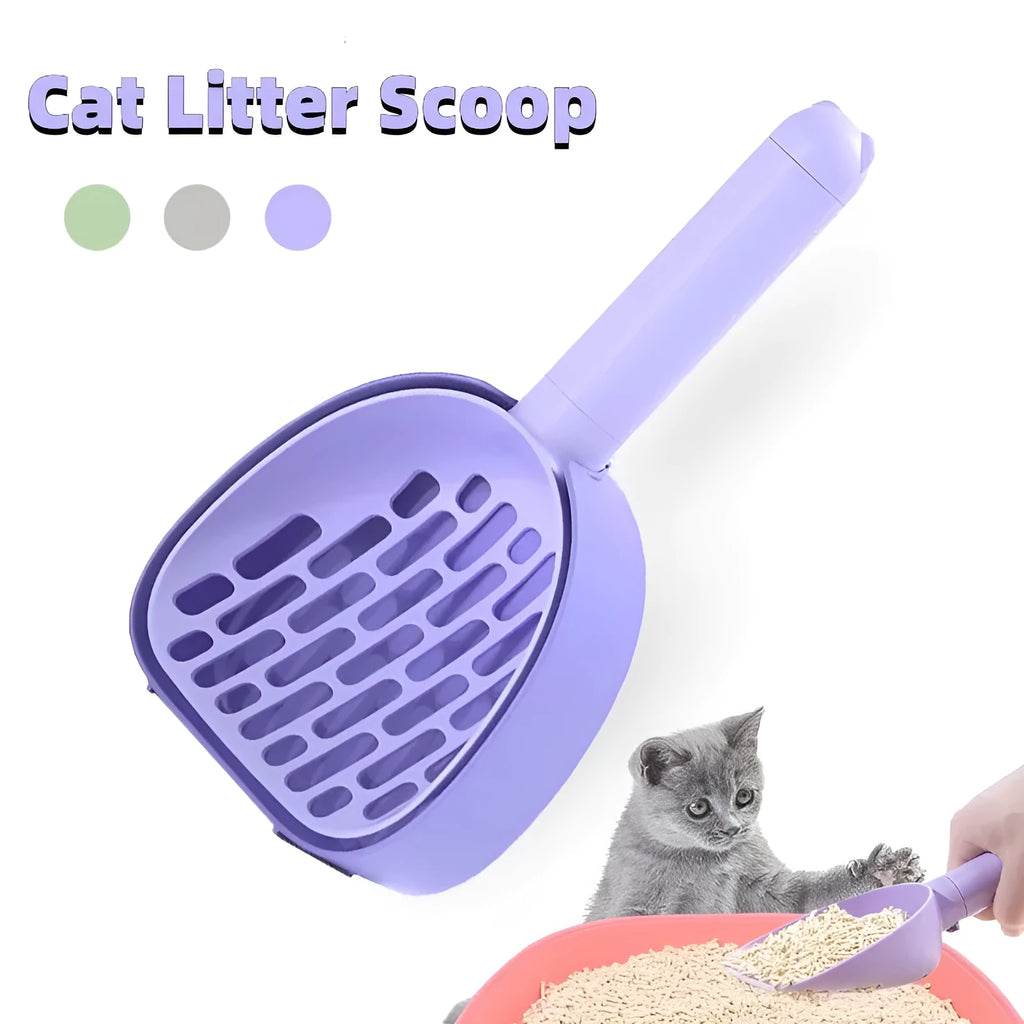 Plastic cat litter scoop with base in white model, showing hidden bag storage compartment and large scoop head with alternating apertures