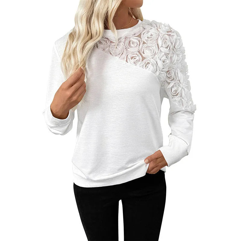 White floral print long sleeve pullover top with loose fit for European and American sizing