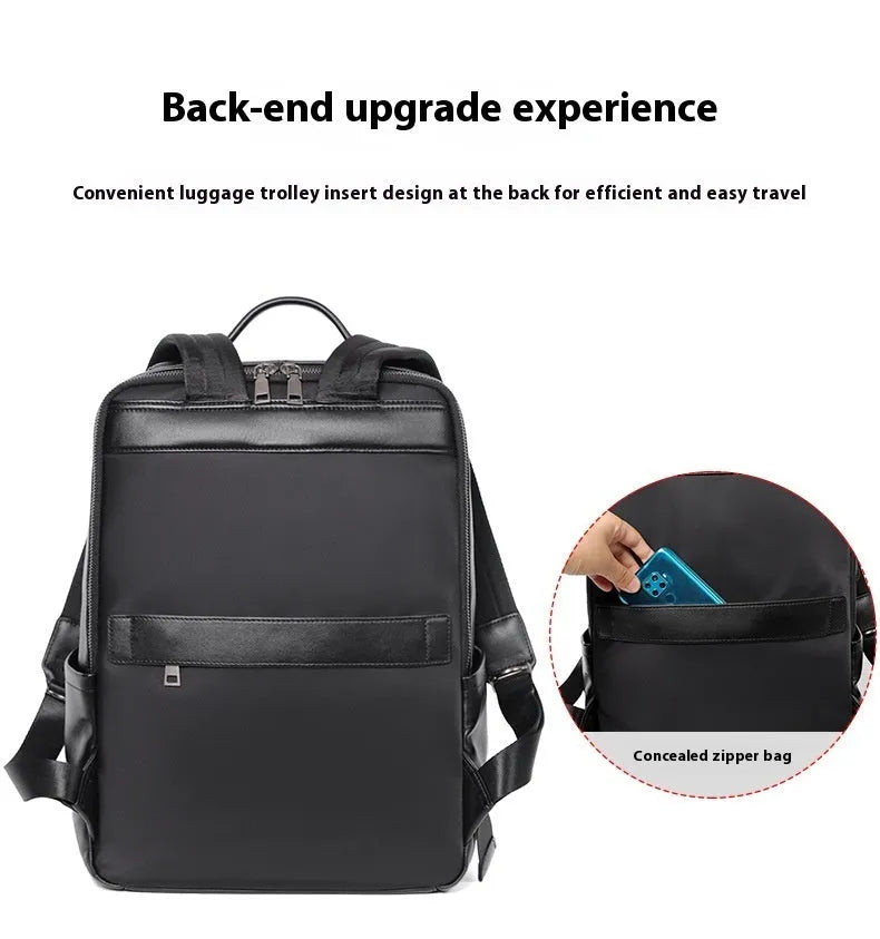 Men's black genuine leather laptop backpack with woven detail and large 36-55L capacity.