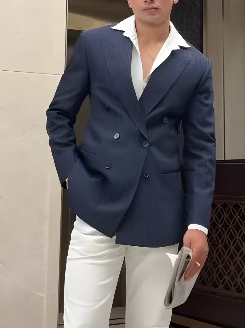 Men's striped double-breasted blazer in polyester for business casual wear