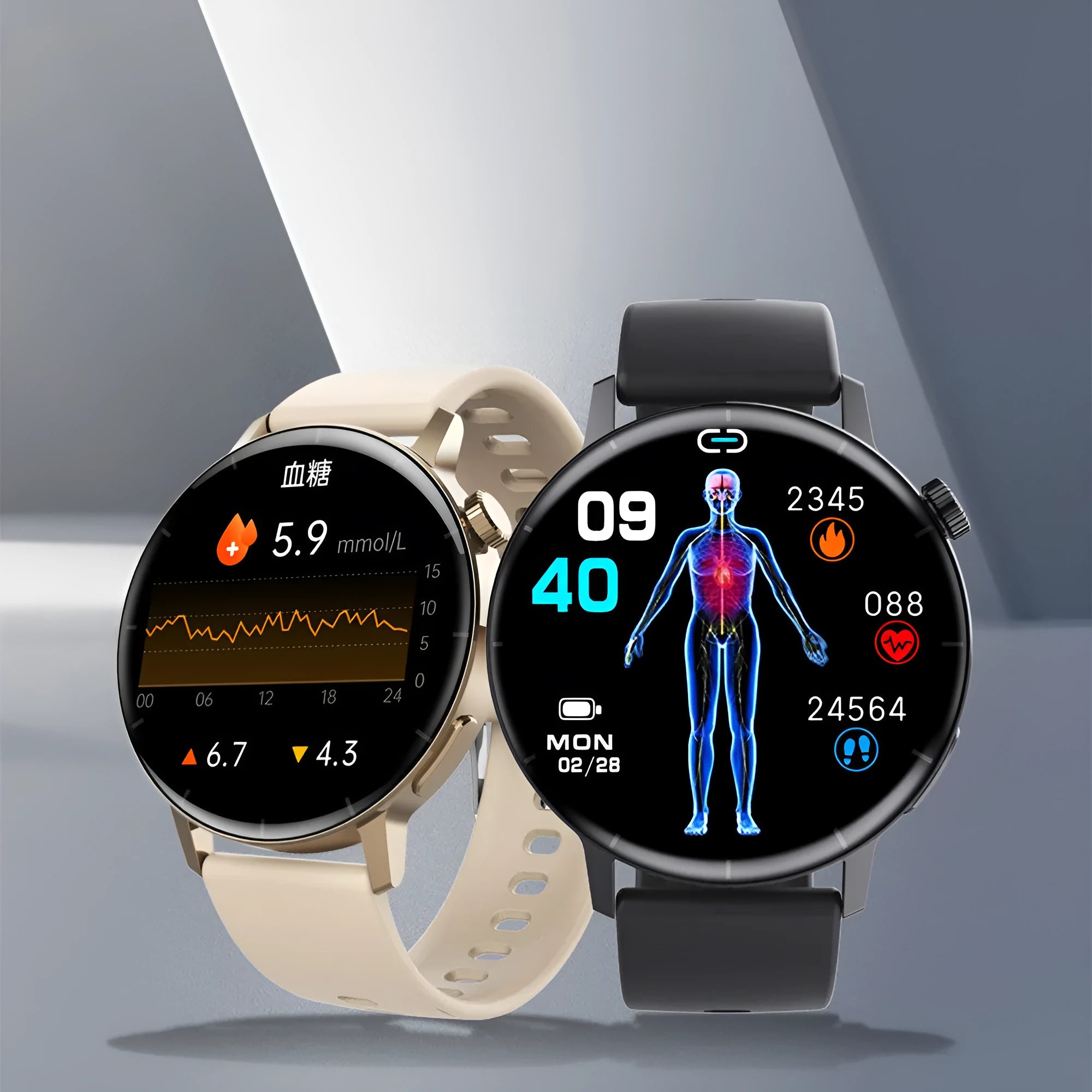 F67S third generation blood glucose smart watch with red light blood oxygen sensor on black brown leather strap