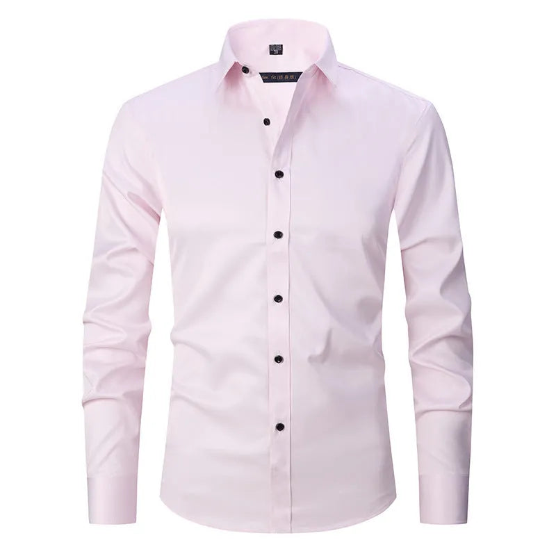 Men's blue stretch long sleeve work shirt made from polyester fabric on a hanger.