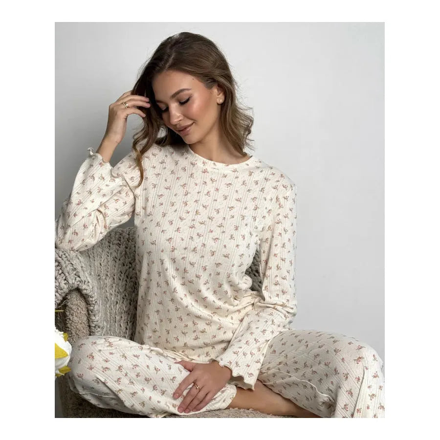 Women's white floral print bell sleeve top and wide leg trousers lounge suit set