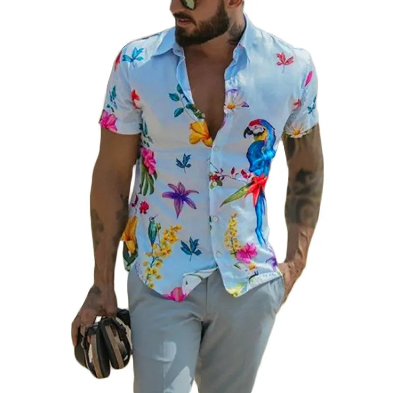 Men's blue short sleeve Hawaiian shirt with pointed collar on beach