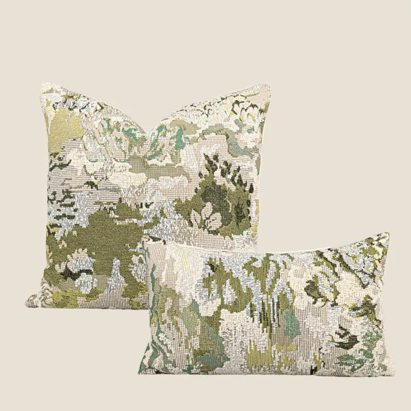 Antique green wool blended cushion with abstract spring flowers pattern, shown in square and waist pillow sizes.