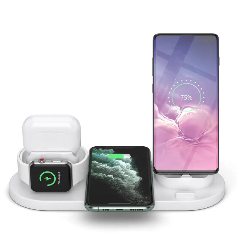 Multifunctional 6-in-1 wireless charging mobile phone holder in black with phone, AirPods and iWatch docked