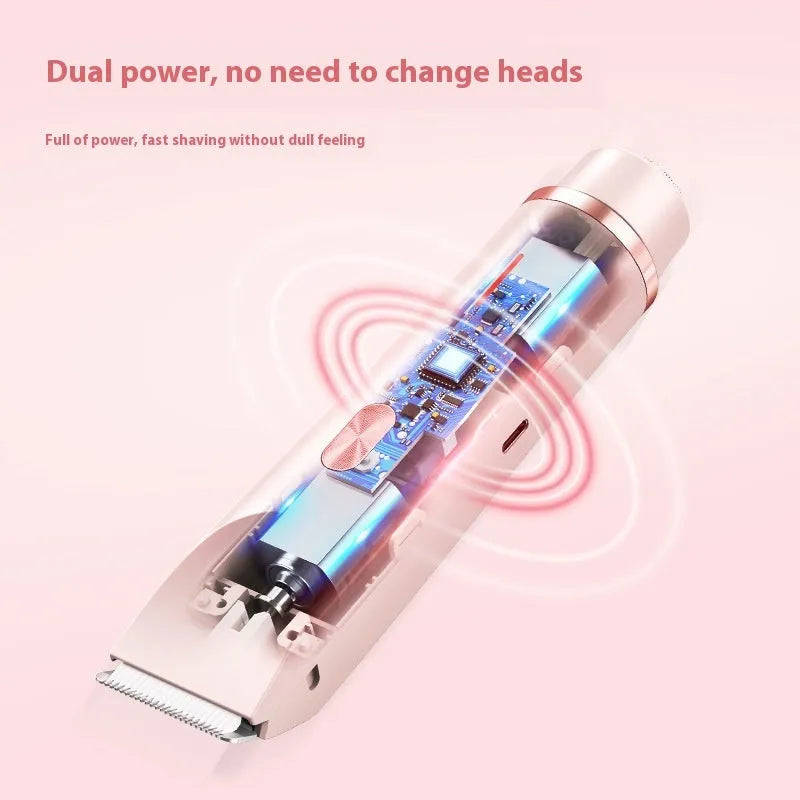 Pink 2 in 1 women's electric hair remover double head shaver with USB cable on white background