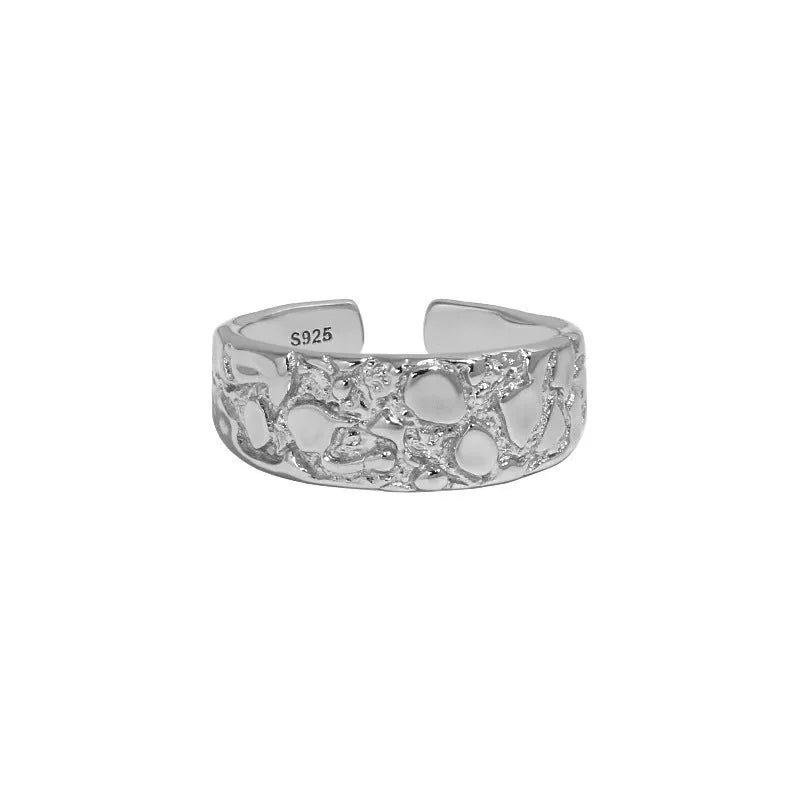 Hammered texture S925 sterling silver adjustable open ring with white gold colour finish for women