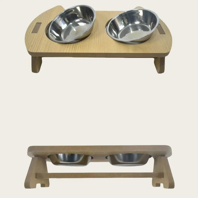 Wooden cat bowl feeder with two stainless steel bowls for water and food, anti-overturning base
