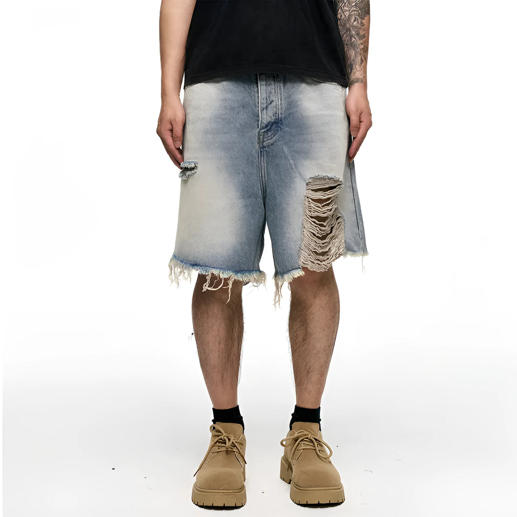 Men's light blue retro washed baggy denim shorts with wide leg cut and zipper fly