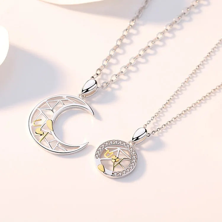 Sun moon tooth couple necklace with electroplated copper pendant and cross chain for men and women