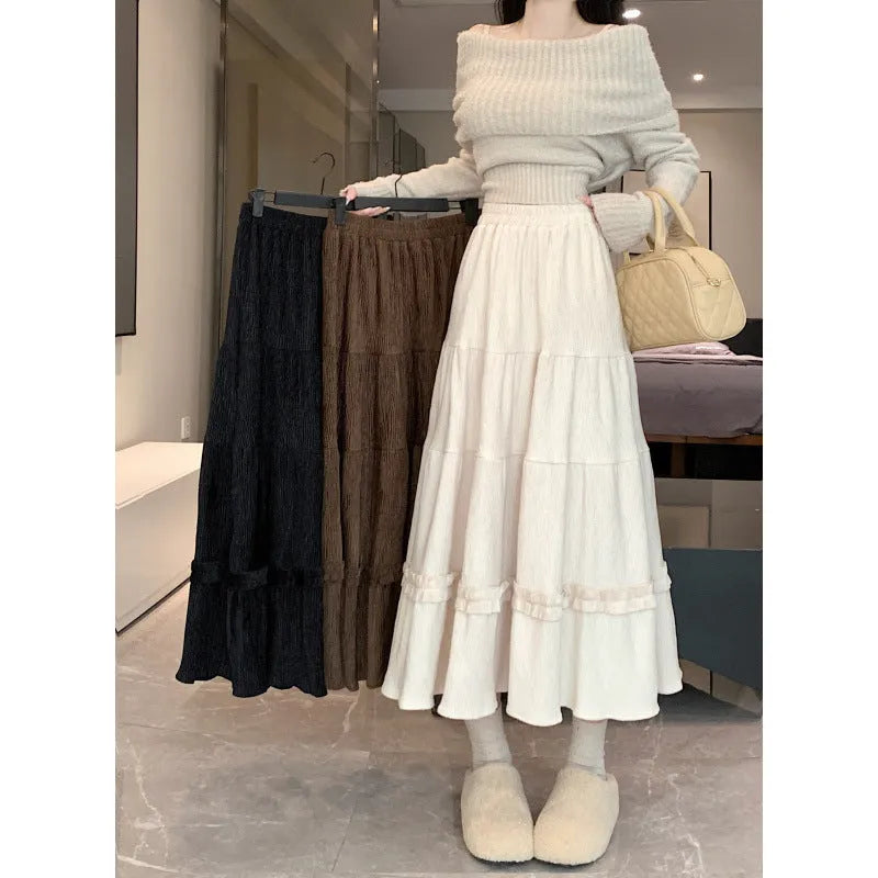 Corduroy A-line midi skirt with elastic waistband in beige, black, or brown solid colour