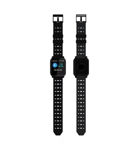 A6 model smart bracelet with a colour screen and blue silicone strap on a wrist.