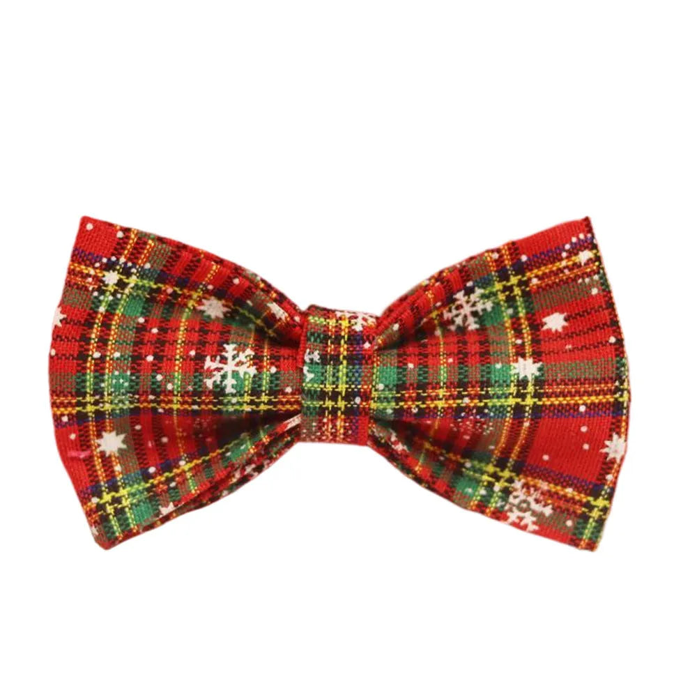 Red background snowflake plaid Christmas pet collar leash set with bowknot flowers and dog vest on a small dog