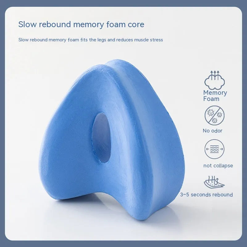 Dark blue jacquard heart-shaped memory foam leg pillow showing dimensions 25x23x13cm
