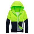 Men's thin hooded polyester trench jacket in army green, side view showing lightweight fabric and zip closure