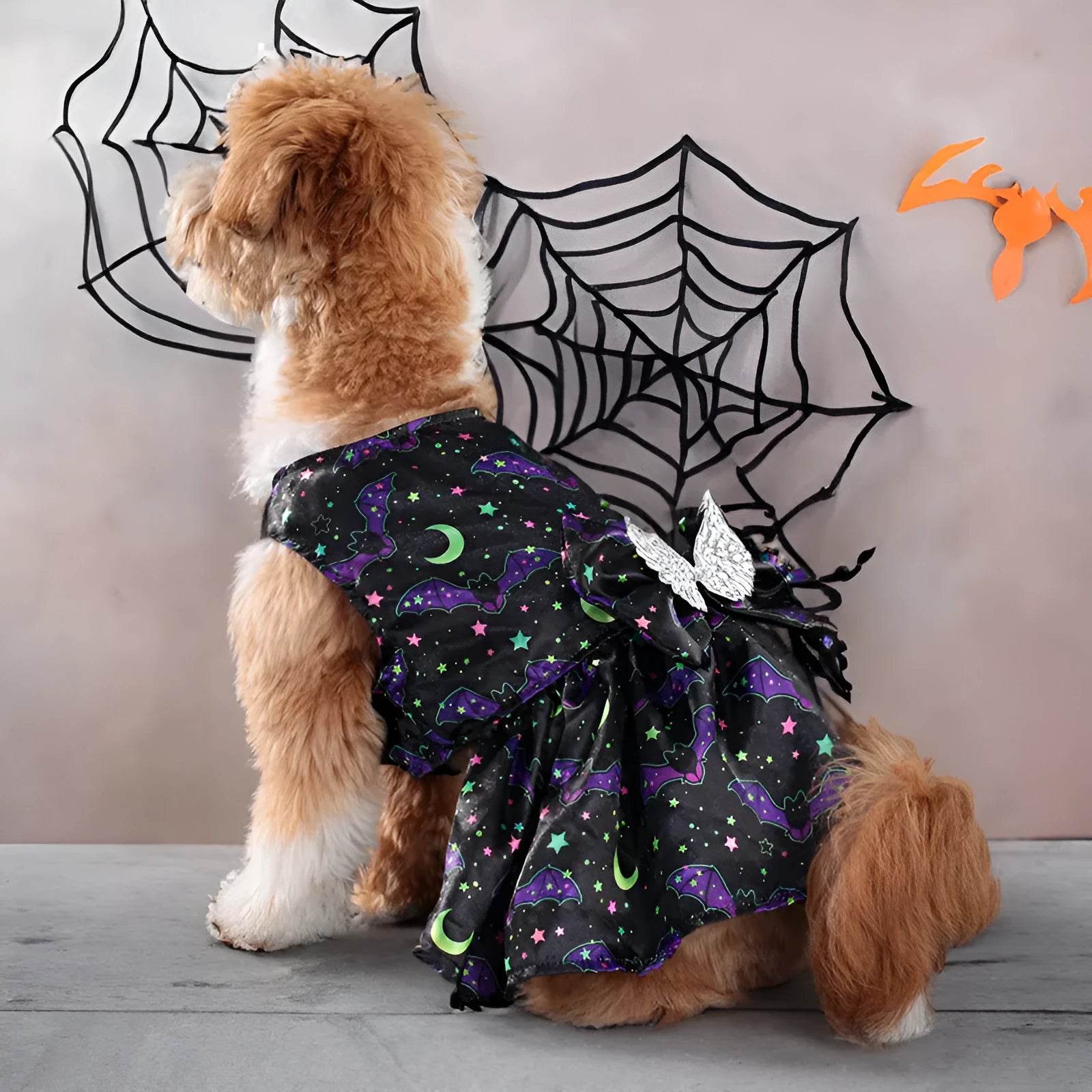 Angel wings Halloween costume for dogs in bright pumpkin orange with wing design