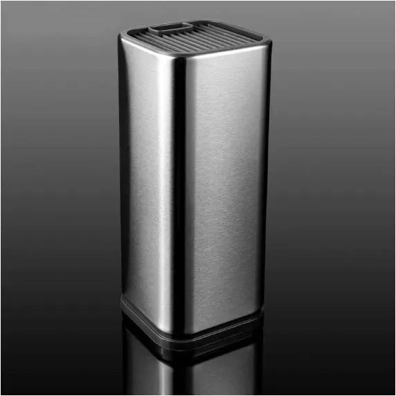 Stainless steel kitchen tool holder with detachable bottom showing knife storage and utensil bucket