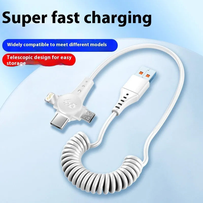 Super fast charge spring telescopic three-in-one data cable 1.5m TPE black with Type-C, Lightning, and Micro USB connectors
