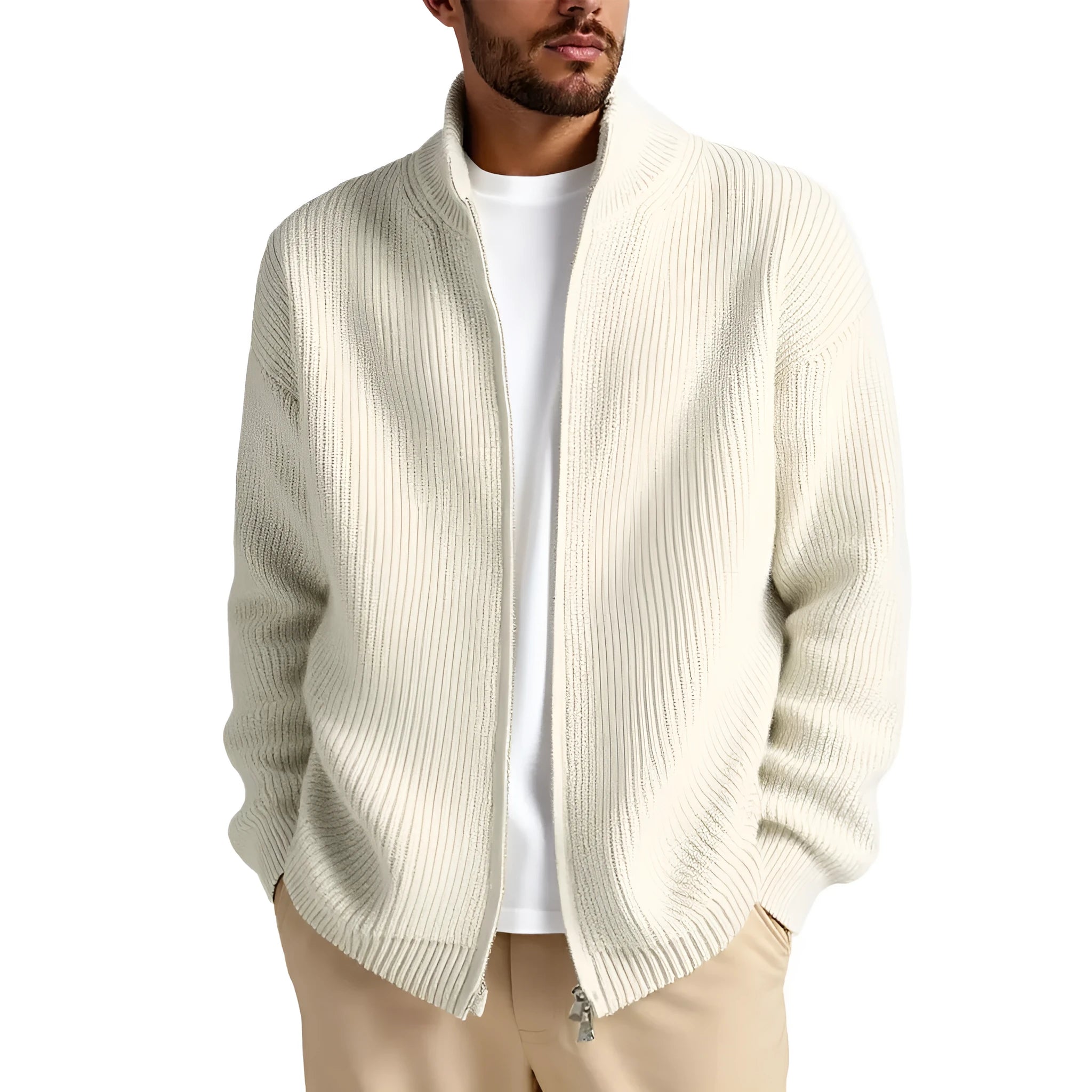 Men's loose fit cardigan sweater coat in acrylic blend fabric showing colour options