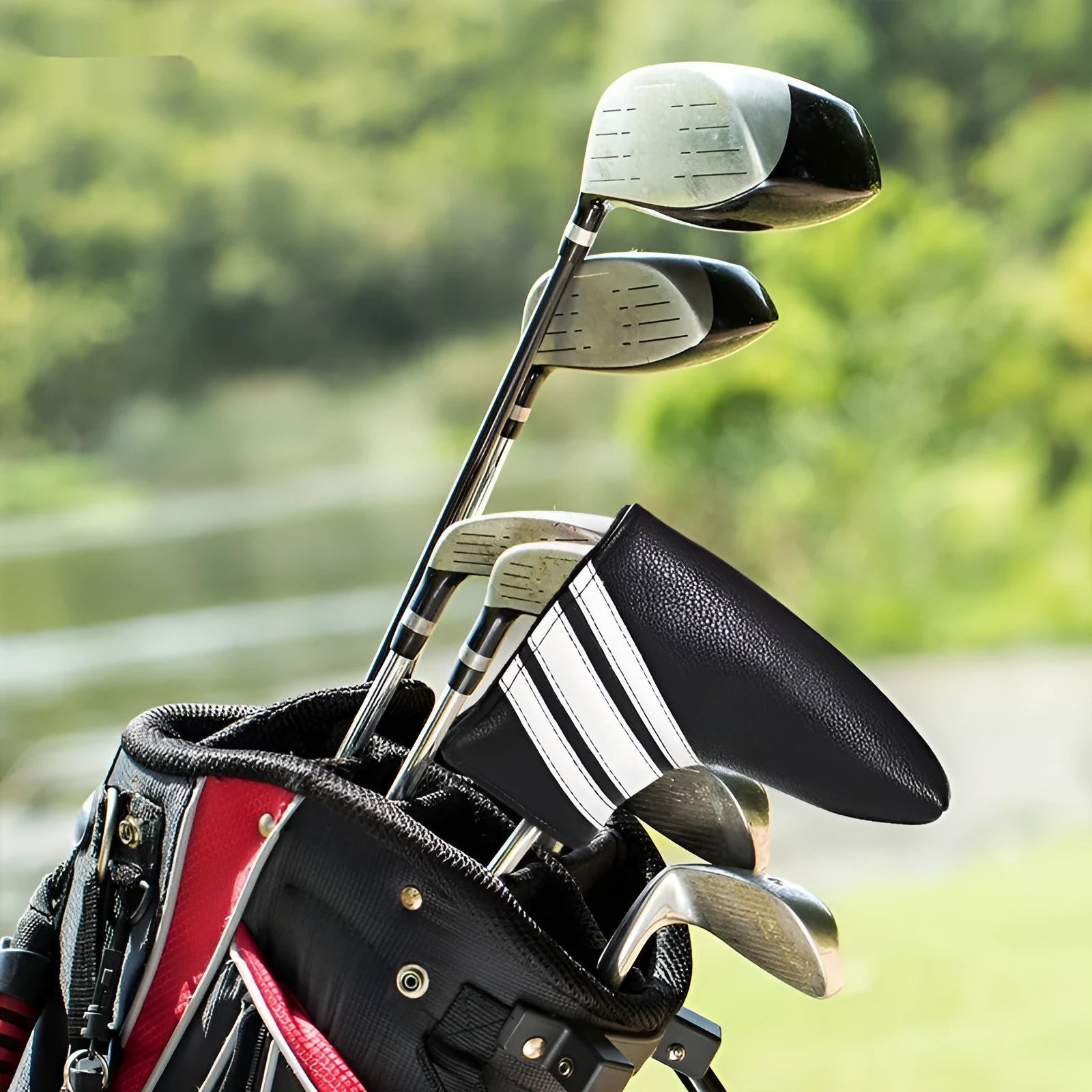 Black PU leather golf push rod sleeve and matching club head cover set for club protection