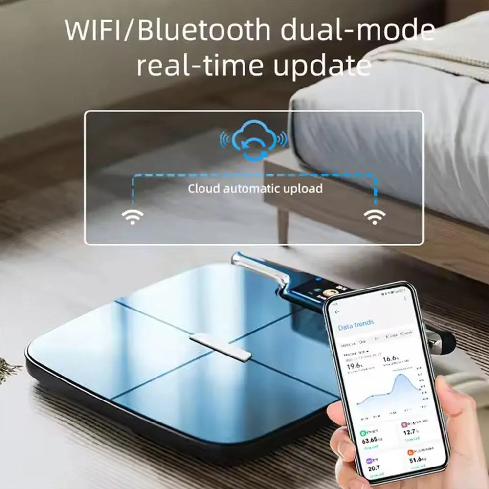 Black eight-electrode body fat weighing scale with digital display for household use