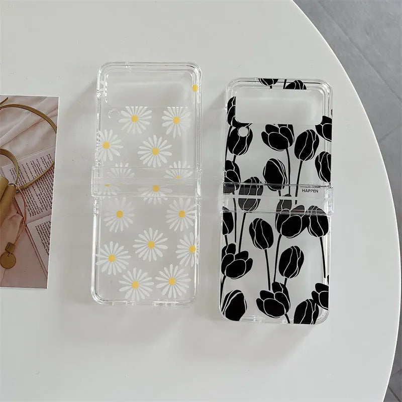Samsung Galaxy Z Flip phone case with floral screen protector in Daisy colour