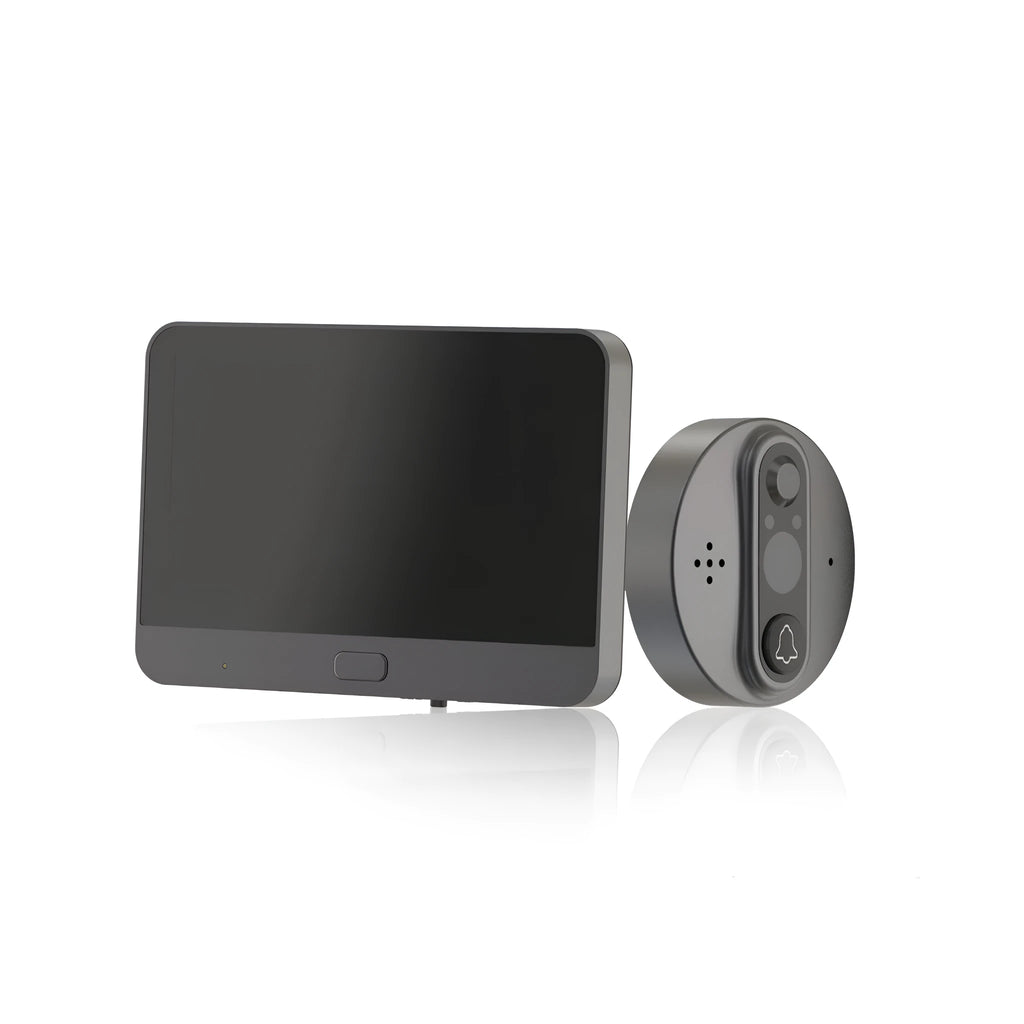 5-inch WiFi smart electronic peephole with black housing, LCD screen, and doorbell button for home security