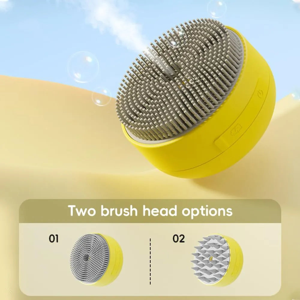 Green rechargeable cat steam brush with soft silicone head on a white background.