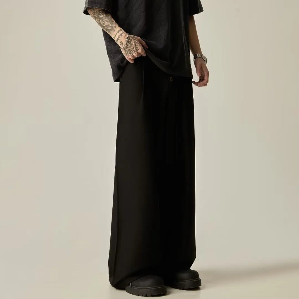 Men's solid colour vertical tube wide-leg casual trousers in black or brown with straight-leg design
