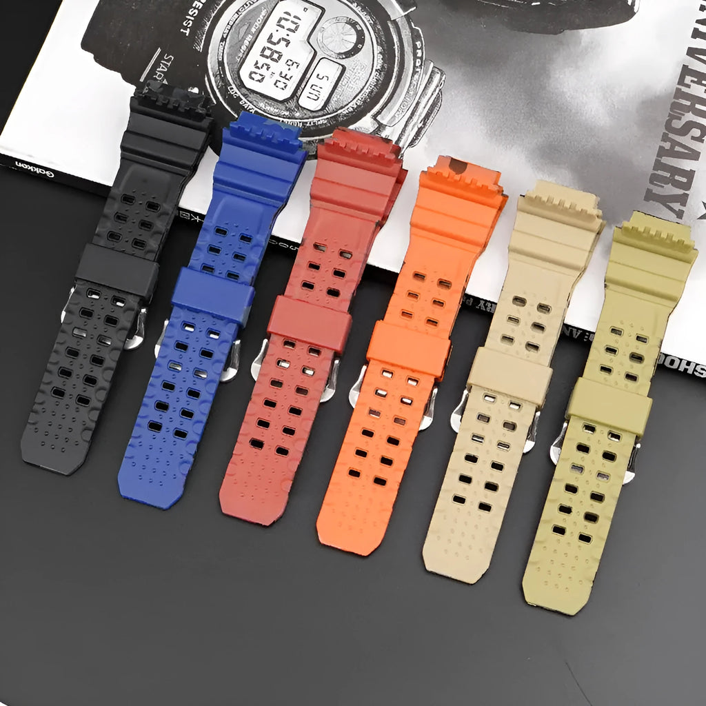 Camouflage pattern TPU watch strap with silver buckle, shown in multiple colour options.