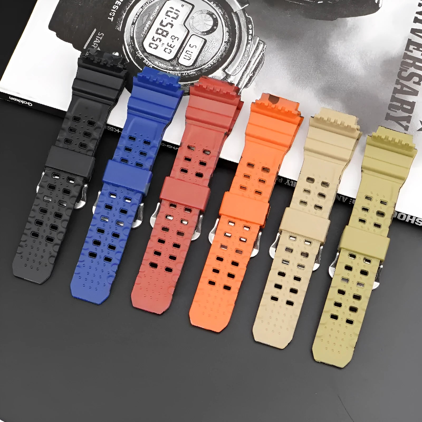 Camouflage pattern TPU watch strap with silver buckle, shown in multiple colour options.