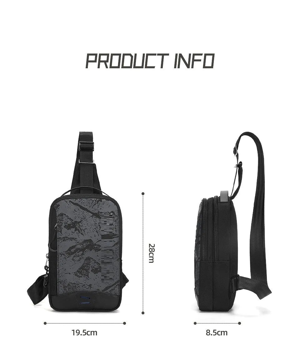 Casual black camouflage pattern chest pack with single shoulder strap and soft handle