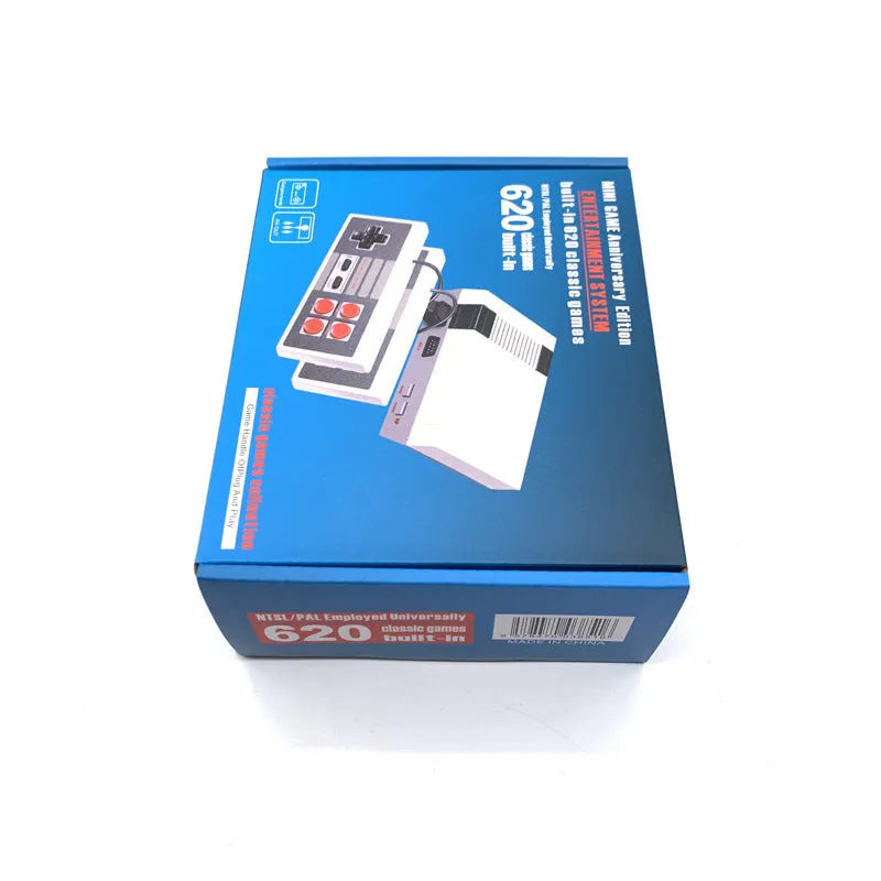 NES 8-bit retro game console with two controllers on classic red background