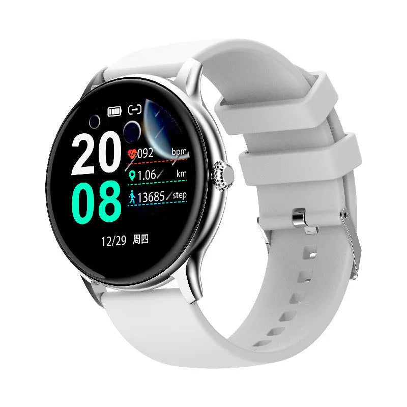 Blood pressure health smart sports watch with circular screen and black silicone strap.