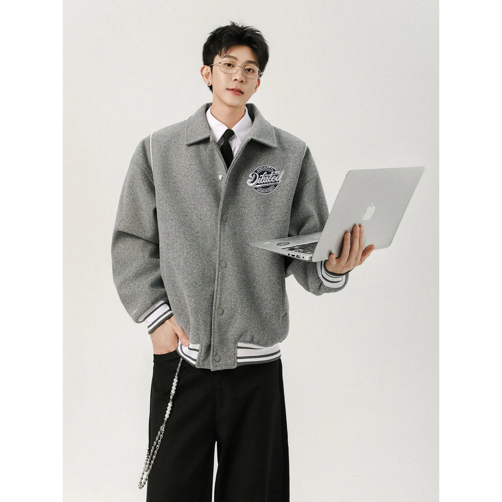 Men's casual patchwork vintage jacket in Flower Gray with stripes and stick pocket, loose fit