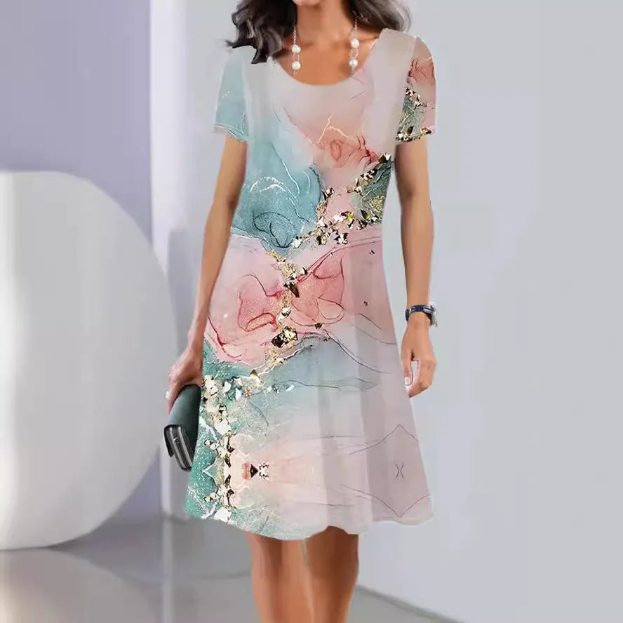 Ice silk floral print midi dress with A-line skirt and short sleeves on a hanger