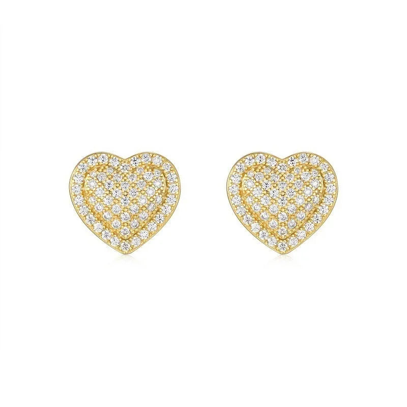 Pair of golden heart-shaped moissanite stud earrings on S925 silver posts