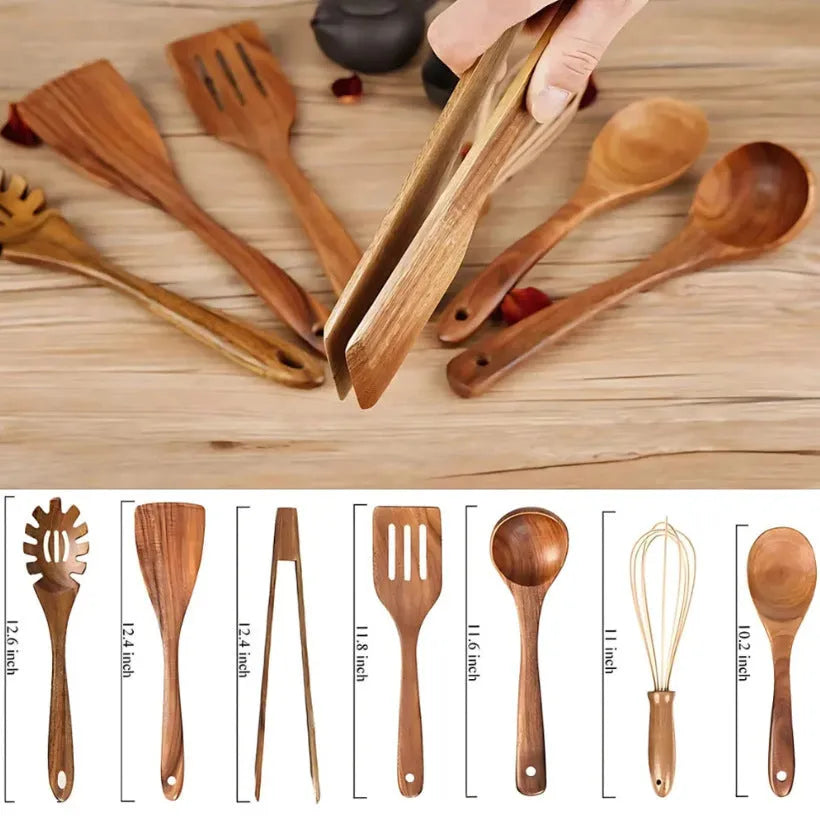 Seven wooden cooking utensils including spoon and spatula for non-stick pans with anti-scald handles