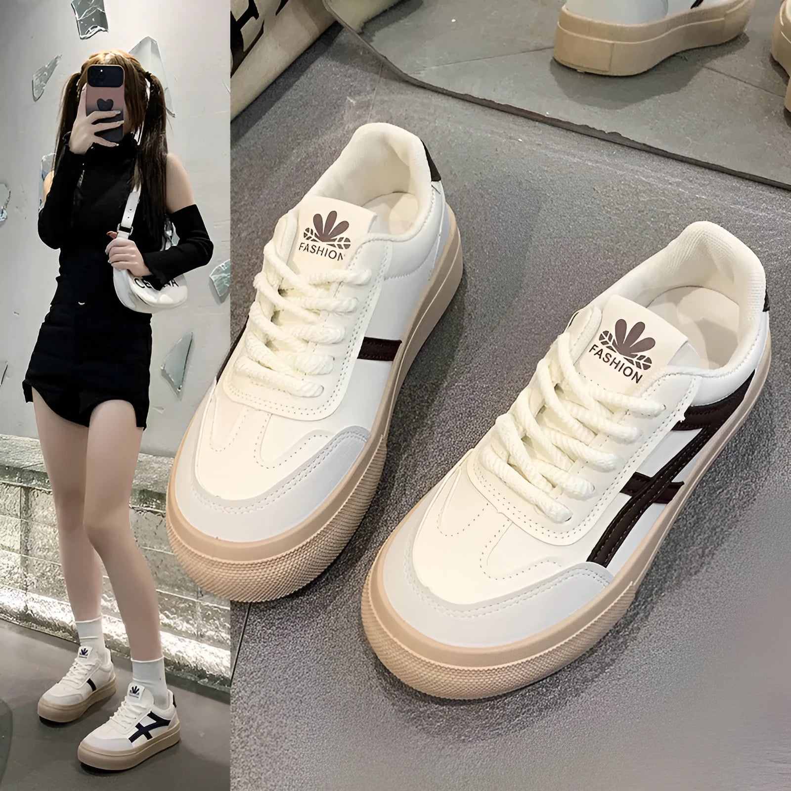 Blue and brown low-top women's borad shoes with patent leather upper and flat rubber sole.