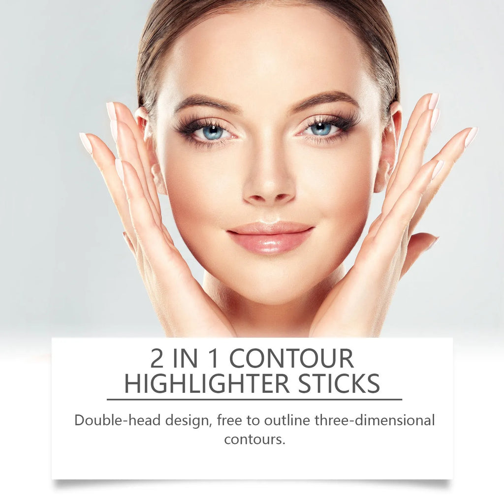2-in-1 outline highlighter dual-ended contour stick 7g in four colour shades on white background