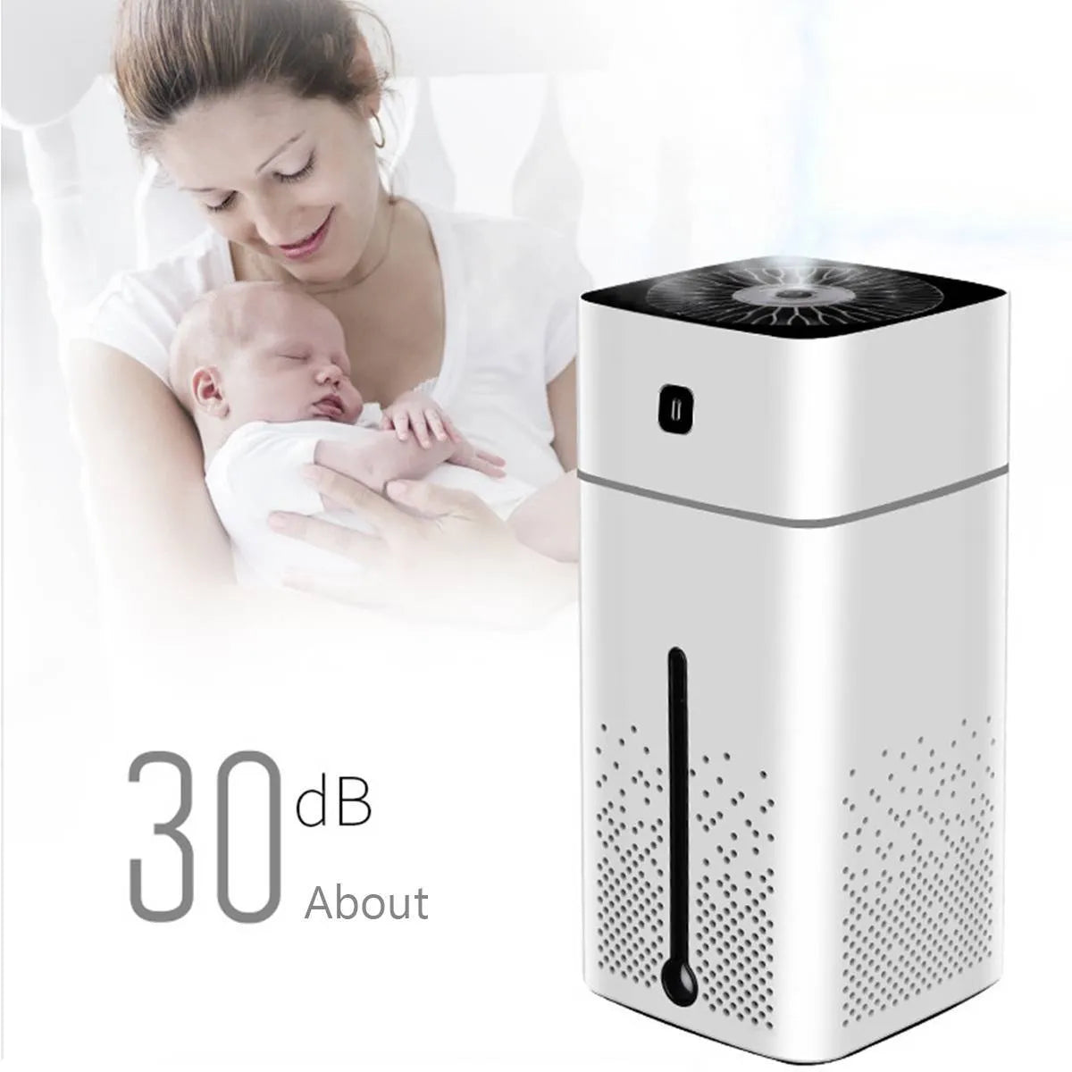 Black and white desktop humidifier with USB cable, showing compact 103x103x218mm size.