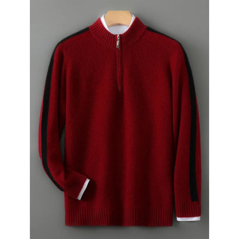 Half-zip wool sweater in Chinese red colour with round neck and regular sleeves